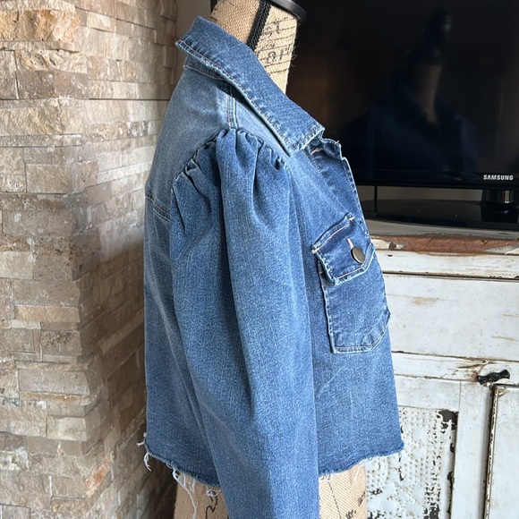 tgla puff long sleeve blue denim jacket shirt cropped raw hem stretch - Picture 11 of 16